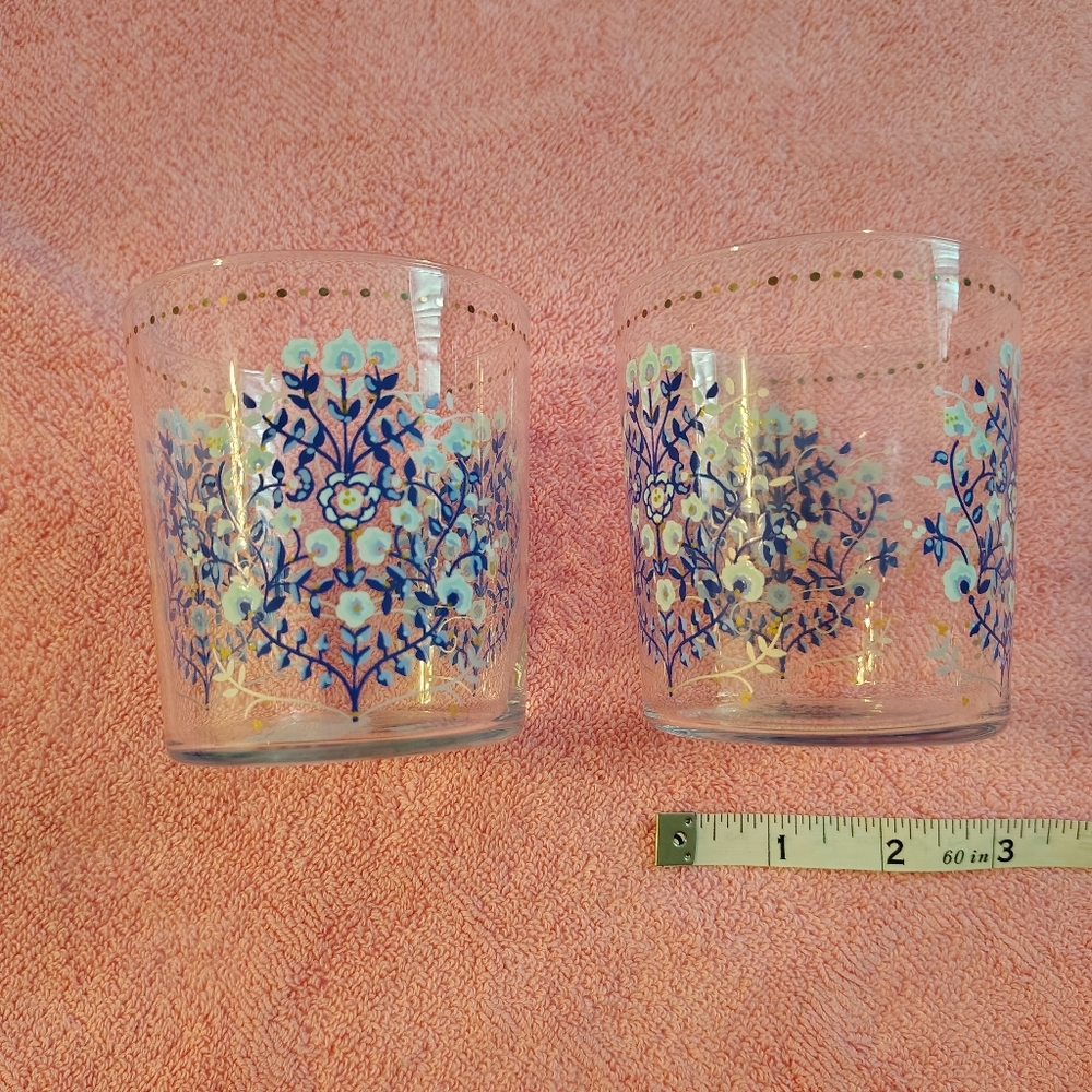 Anthropologie Blue and Gold Floral Glass Tumblers - Set of 2